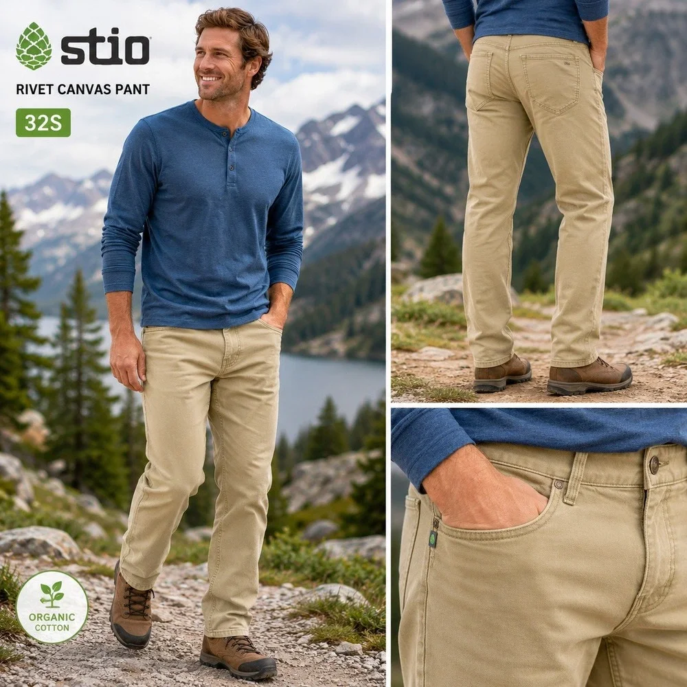 Stio Rivet Canvas Pants Mens 32S Khaki Tan Organic Cotton Stretch Outdoor 2335